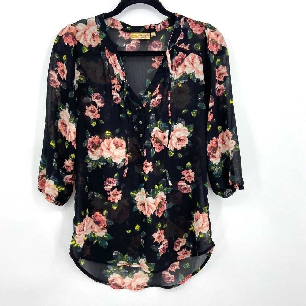 VERA WANG Princess Black Floral Print Sheer Button 3/4 Sleeve Top Size Small